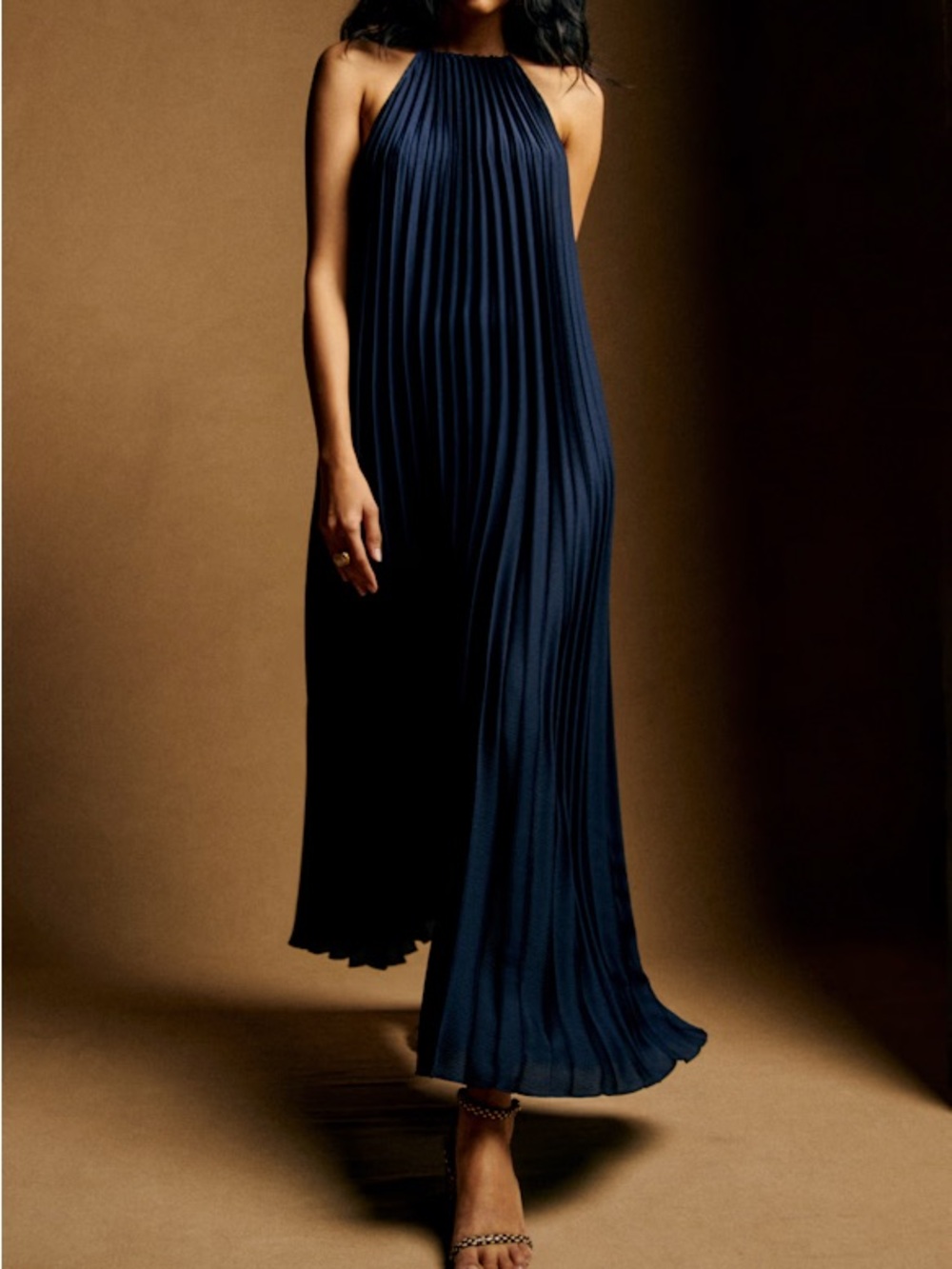 Sezane Layla Navy Halter Pleated Dress NWT